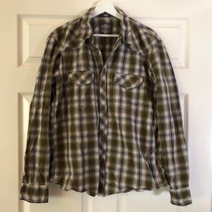 H&M Button Down Long Sleeve Plaid Shirt in Army Green with Snap Button Style